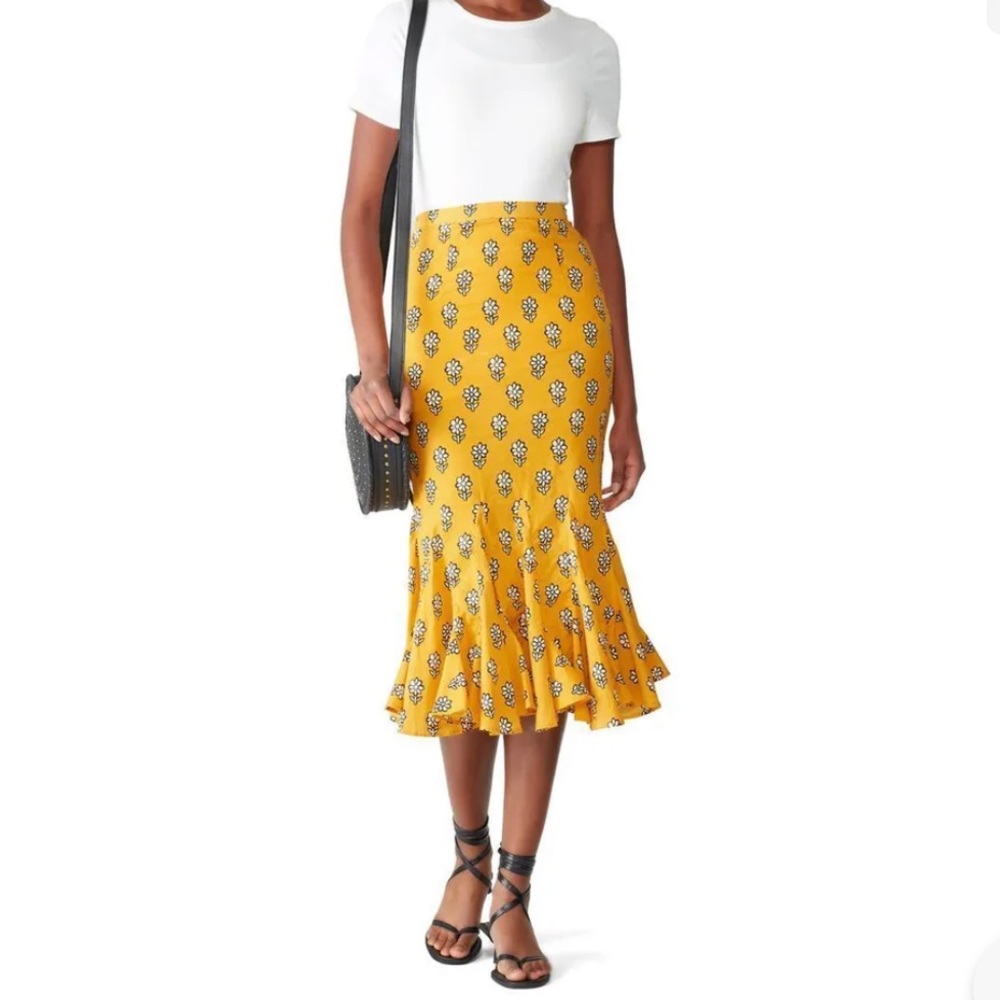 RHODE Sienna Skirt Yellow Black Fishtail Midi Floral Pattern Size S